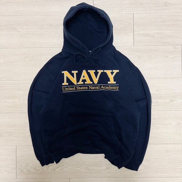 US Navy Hoodie Men’s Large Academy Embroidered Y2K Faded Blue College School Vtg - Picture 1 of 5